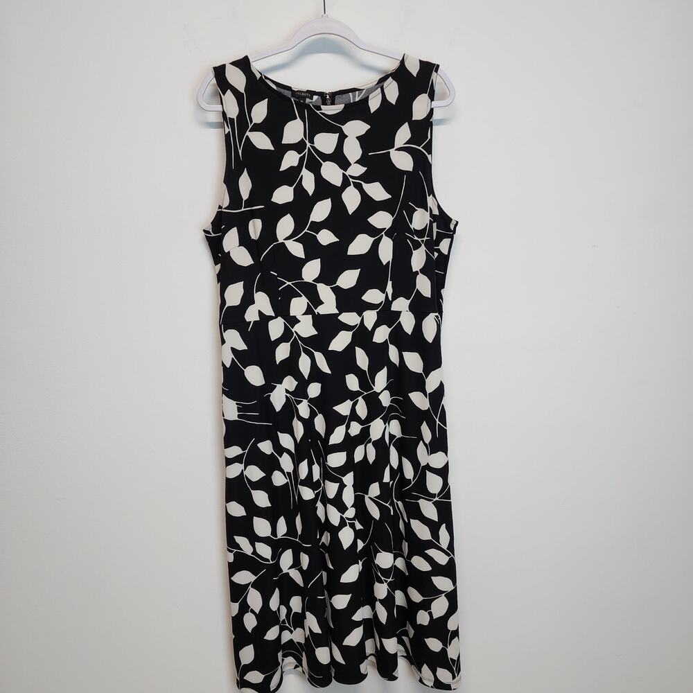 Talbots Floral Midi Sheath Dress Womens XL Black White Stretch Jersey Sleeveless